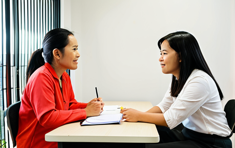 **Image Prompt:** A rehabilitation counselor engaging in an active listening session with an OKU client in a brightly lit office. Show empathy, open communication, and a supportive environment. The counselor should be taking notes. The client should appear hopeful and engaged in the session. The scene should reflect a modern Malaysian setting.
