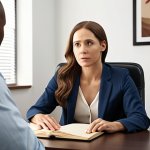 ** A counselor listening empathetically to a client in a comfortable office setting, emphasizing the importance of confidentiality. (Focus: Trust, Safe Space)

**
