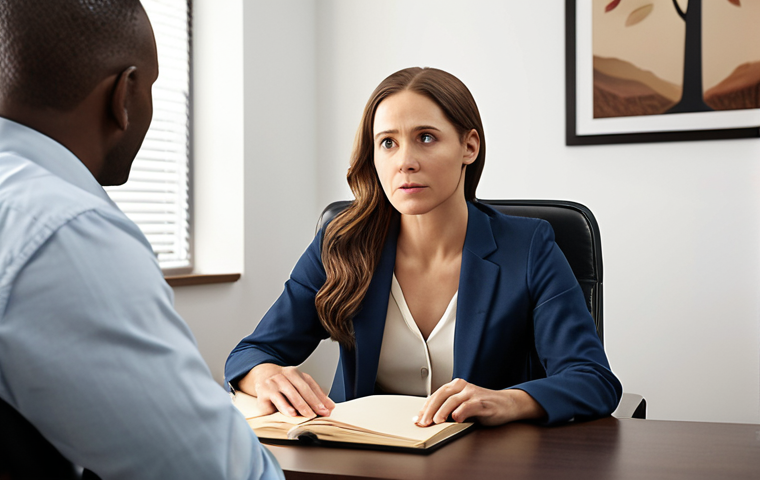 ** A counselor listening empathetically to a client in a comfortable office setting, emphasizing the importance of confidentiality. (Focus: Trust, Safe Space)
**