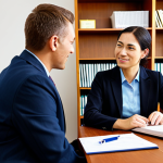 A professional rehabilitation counselor in a modest business suit, empathetically engaging with an individual with a disability (OKU) who is fully clothed in appropriate attire. They are seated opposite each other at a desk in a warm, well-lit traditional office setting. Physical documents and notebooks are visible on the desk, indicating a focus on in-person interviews and manual record-keeping. The pose is natural, conveying a deep human connection and active listening. Perfect anatomy, correct proportions, natural body proportions, well-formed hands, proper finger count. Professional photography, high quality, safe for work, appropriate content, fully clothed, professional, family-friendly.