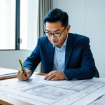장애인재활상담사 중점과목 소개 - **

A professional Malaysian architect, fully clothed in modest office attire, reviewing blueprints ...