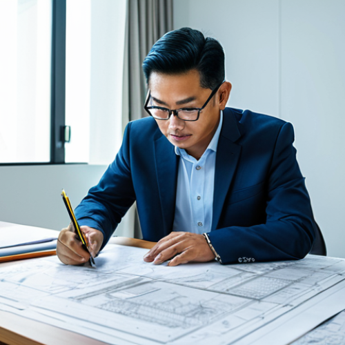 장애인재활상담사 중점과목 소개 - **

A professional Malaysian architect, fully clothed in modest office attire, reviewing blueprints ...
