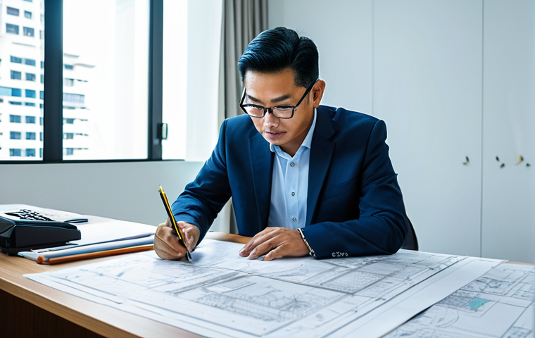장애인재활상담사 중점과목 소개 - **

A professional Malaysian architect, fully clothed in modest office attire, reviewing blueprints ...